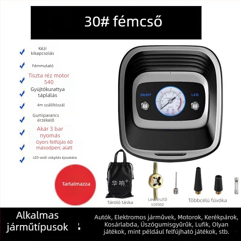 12V autós gumipumpa digitális kijelzővel, hordozható mini levegőpumpa, 60 L/min, 120W, 3.5 m hosszú kábel