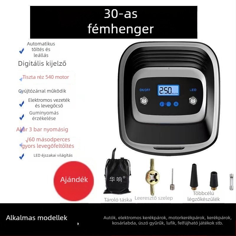 12V autós gumipumpa digitális kijelzővel, hordozható mini levegőpumpa, 60 L/min, 120W, 3.5 m hosszú kábel