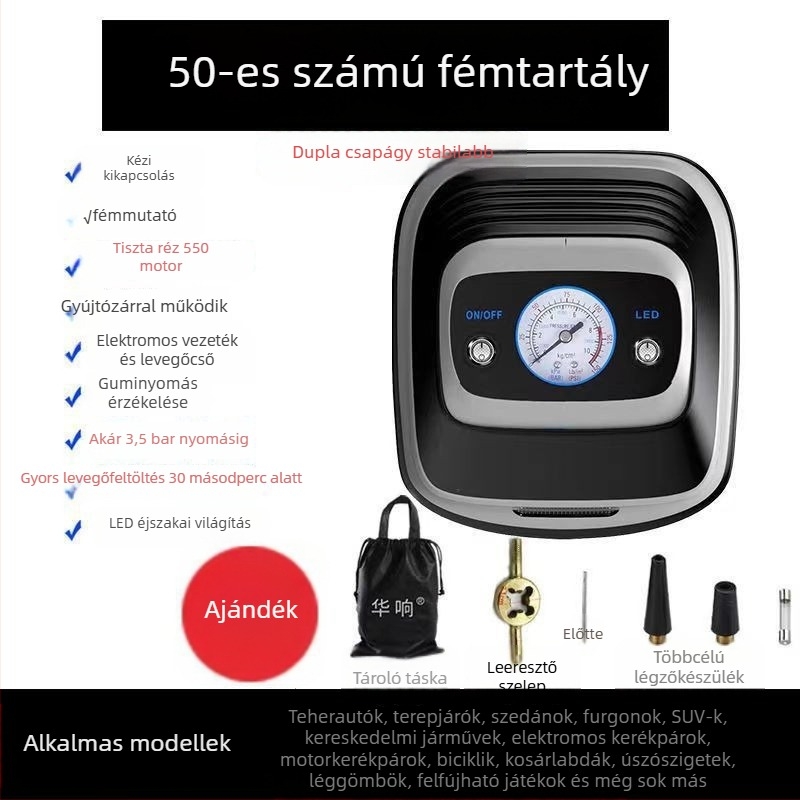 12V autós gumipumpa digitális kijelzővel, hordozható mini levegőpumpa, 60 L/min, 120W, 3.5 m hosszú kábel