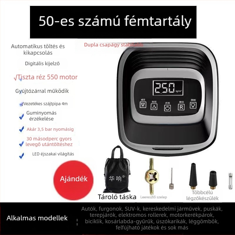 12V autós gumipumpa digitális kijelzővel, hordozható mini levegőpumpa, 60 L/min, 120W, 3.5 m hosszú kábel