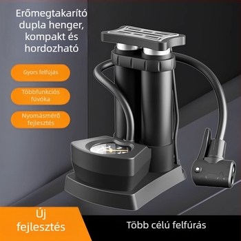 Lábpumpa kerékpárhoz, autóhoz és motorkerékpárhoz – univerzális, kompakt, egyhengeres kivitel, levegőáram 30 L/min, teljesítmény under 80 W, figyelmeztető fény, folyamatos üzem 5–20 perc