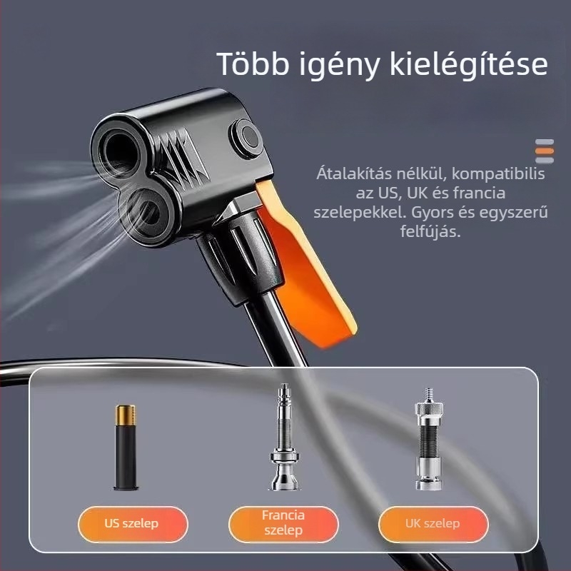 Lábpumpa kerékpárhoz, autóhoz és motorkerékpárhoz – univerzális, kompakt, egyhengeres kivitel, levegőáram 30 L/min, teljesítmény under 80 W, figyelmeztető fény, folyamatos üzem 5–20 perc