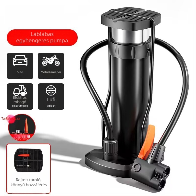 Lábpumpa kerékpárhoz, autóhoz és motorkerékpárhoz – univerzális, kompakt, egyhengeres kivitel, levegőáram 30 L/min, teljesítmény under 80 W, figyelmeztető fény, folyamatos üzem 5–20 perc