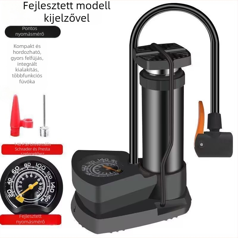 Lábpumpa kerékpárhoz, autóhoz és motorkerékpárhoz – univerzális, kompakt, egyhengeres kivitel, levegőáram 30 L/min, teljesítmény under 80 W, figyelmeztető fény, folyamatos üzem 5–20 perc