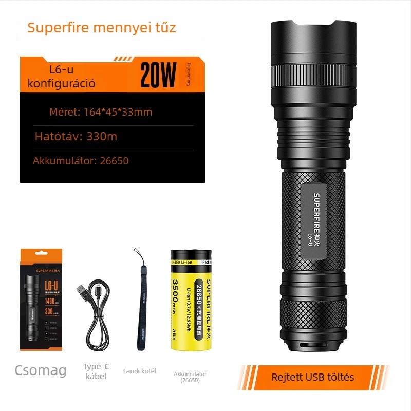 L6 LED zseblámpa - alumíniumötvözet, 3500mAh, 10W, újratölthető, kézi működtetés