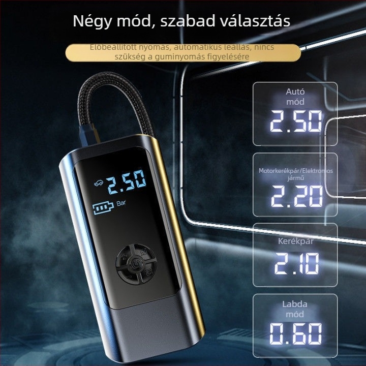 Okos autó légpumpa, mini vezeték nélküli elektromos fújó LED világítással, 12V 80W, 25 L/min, USB tápellátás, digitális kijelző és beépített Powerbank