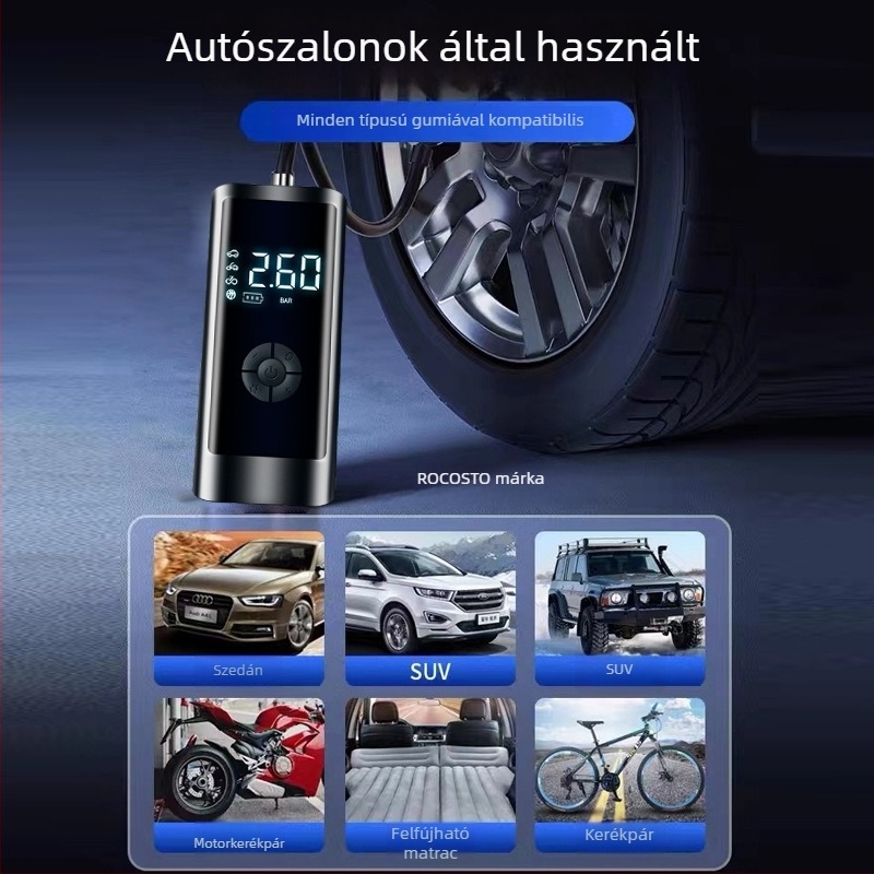 Okos autó légpumpa, mini vezeték nélküli elektromos fújó LED világítással, 12V 80W, 25 L/min, USB tápellátás, digitális kijelző és beépített Powerbank