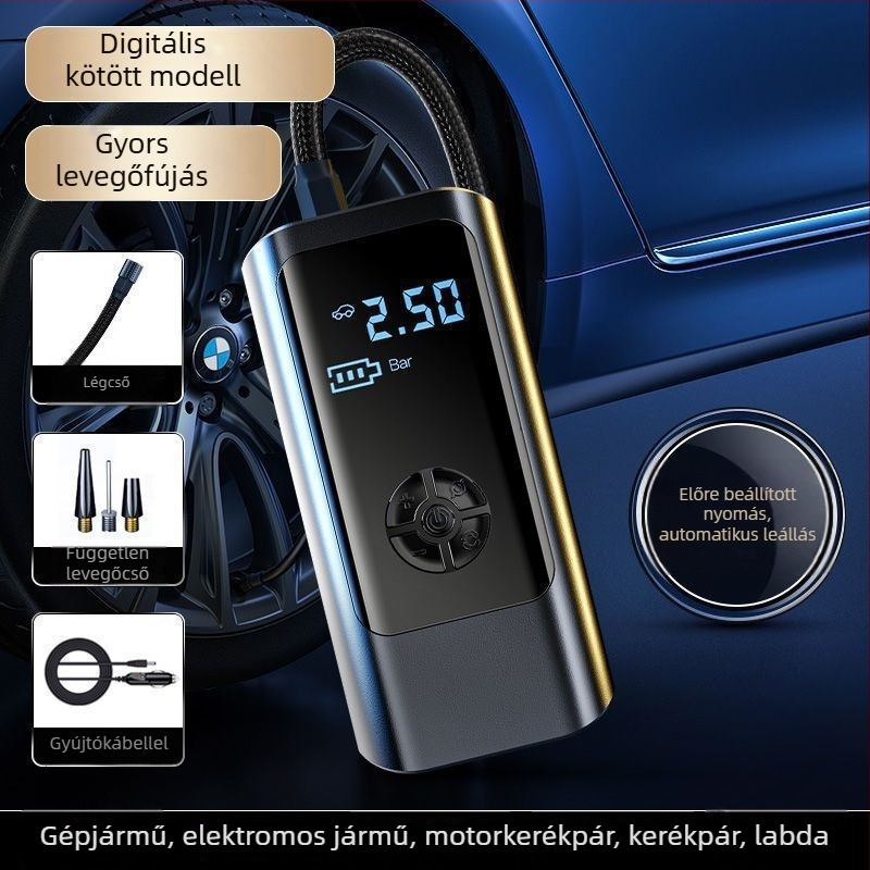 Okos autó légpumpa, mini vezeték nélküli elektromos fújó LED világítással, 12V 80W, 25 L/min, USB tápellátás, digitális kijelző és beépített Powerbank