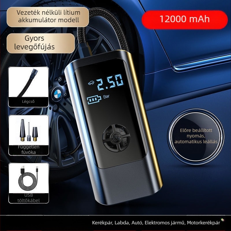 Okos autó légpumpa, mini vezeték nélküli elektromos fújó LED világítással, 12V 80W, 25 L/min, USB tápellátás, digitális kijelző és beépített Powerbank