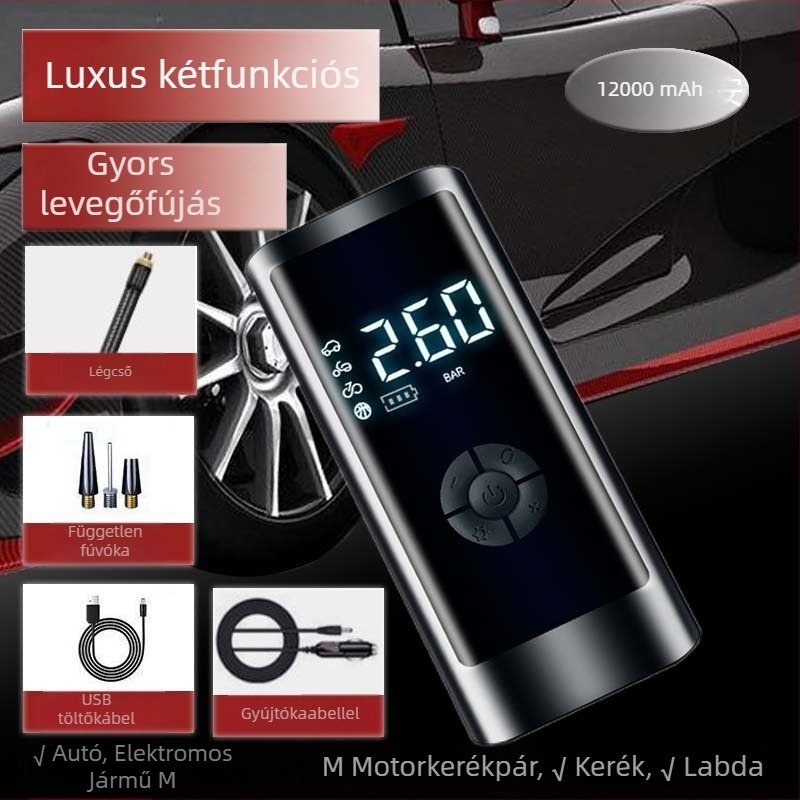 Okos autó légpumpa, mini vezeték nélküli elektromos fújó LED világítással, 12V 80W, 25 L/min, USB tápellátás, digitális kijelző és beépített Powerbank