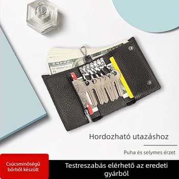 Uniszex valódi bőrből készült kulcstáska, három hajtásos dizájn, liči textúra, nagy kapacitás, rejtett rekeszek kártyáknak, érméknek és kulcsoknak