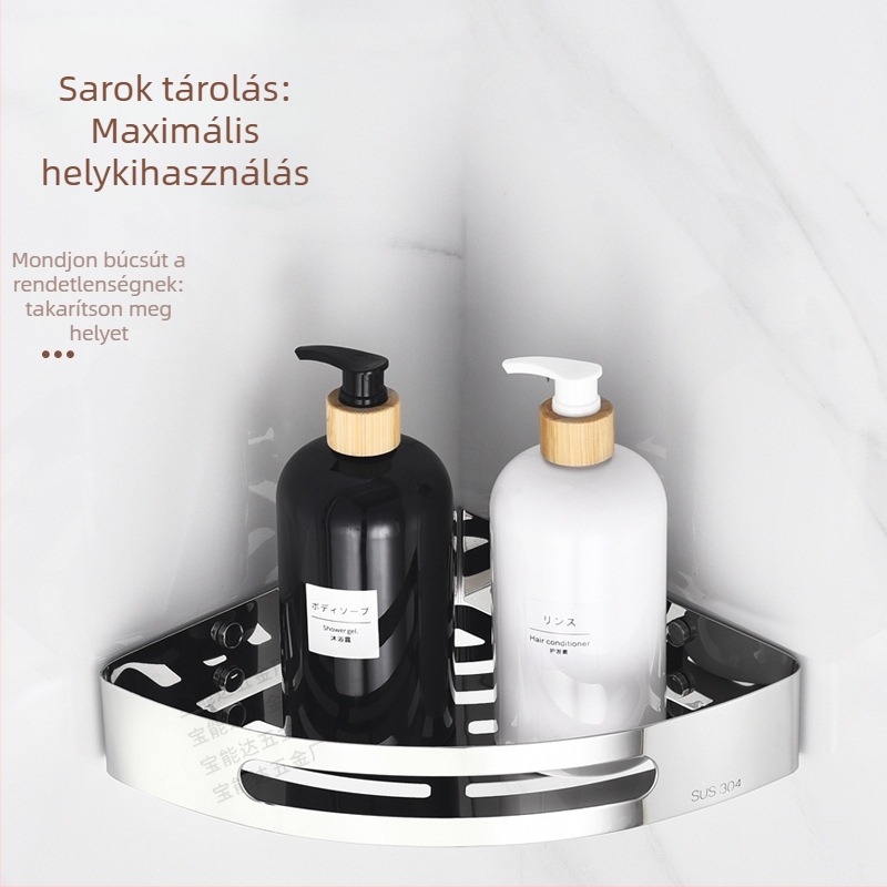 Rozsdamentes acél háromszög sarokpolc fürdőszobához, 1 szint, csavaros szerelés, polírozott felület, teherbírás 1 kg
