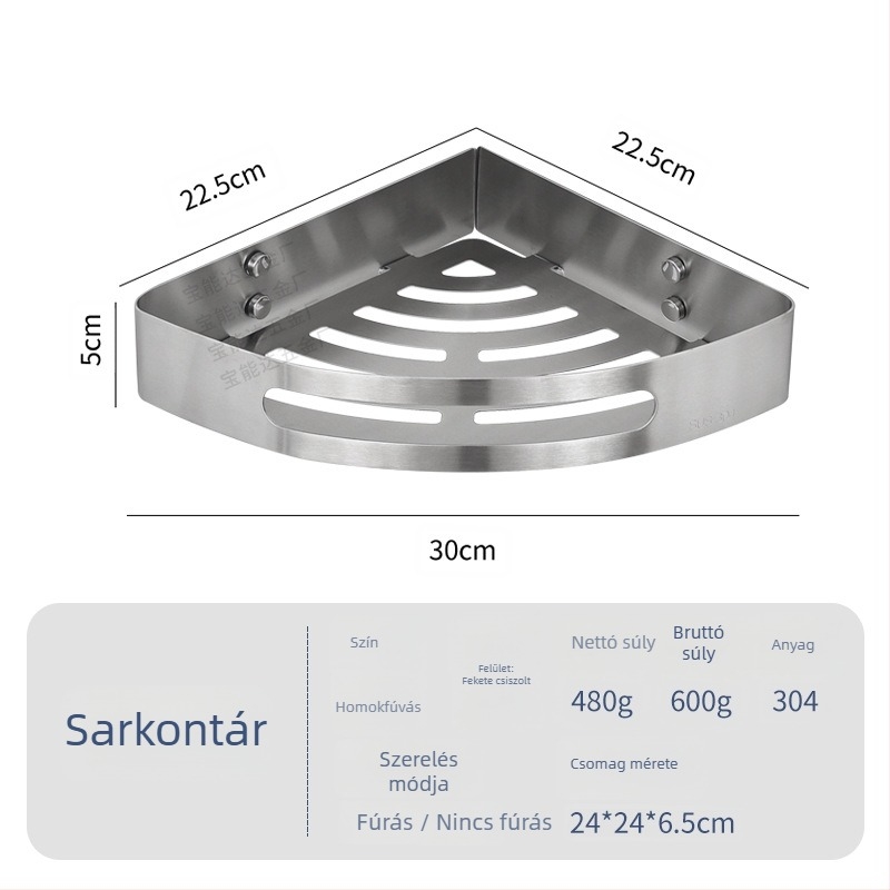 Rozsdamentes acél háromszög sarokpolc fürdőszobához, 1 szint, csavaros szerelés, polírozott felület, teherbírás 1 kg