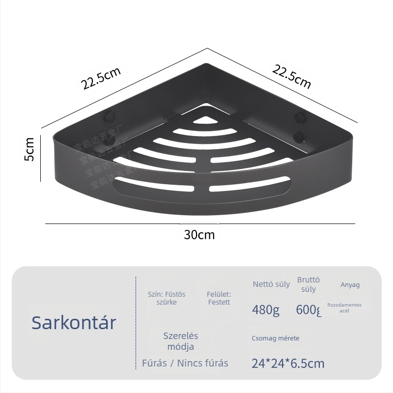 Rozsdamentes acél háromszög sarokpolc fürdőszobához, 1 szint, csavaros szerelés, polírozott felület, teherbírás 1 kg