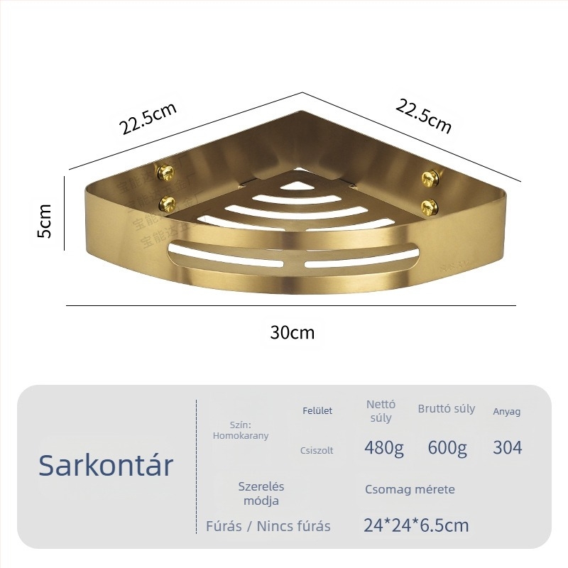 Rozsdamentes acél háromszög sarokpolc fürdőszobához, 1 szint, csavaros szerelés, polírozott felület, teherbírás 1 kg