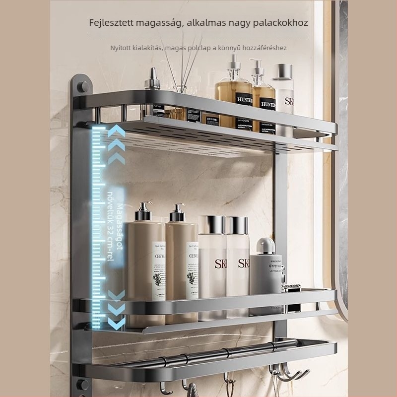 Fürdőszobai falra szerelhető tároló | fúrás nélküli szerelés | 304 rozsdamentes acél | törölközőtartó | nordikus stílus | 1 réteg | spray-plasztik felület