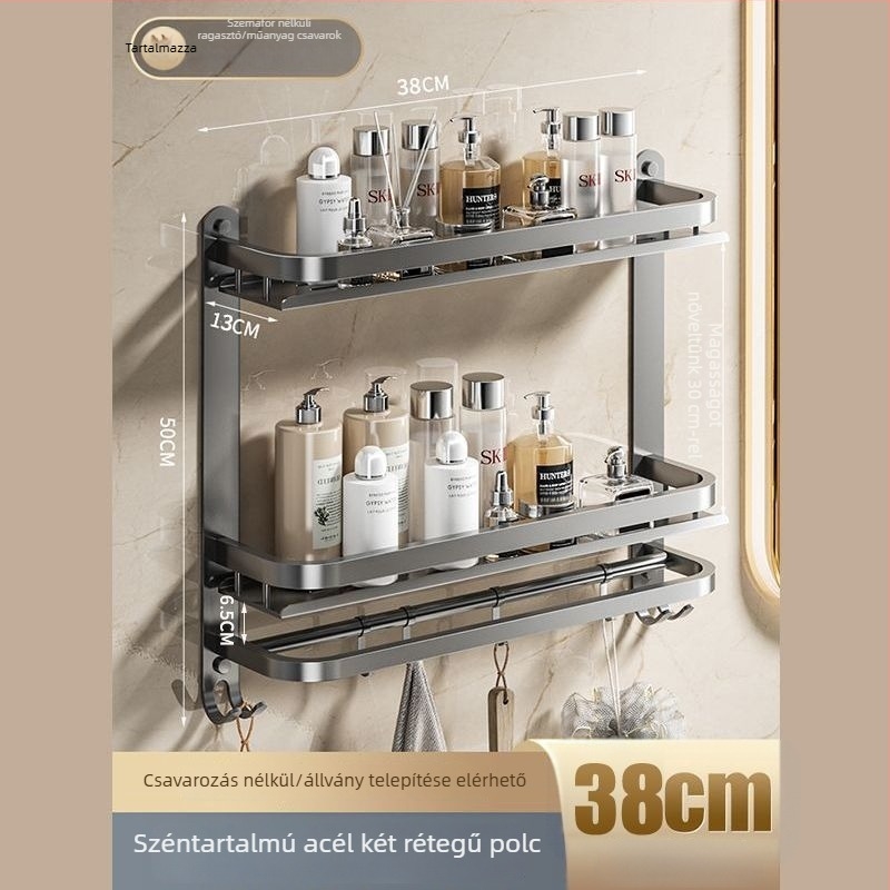 Fürdőszobai falra szerelhető tároló | fúrás nélküli szerelés | 304 rozsdamentes acél | törölközőtartó | nordikus stílus | 1 réteg | spray-plasztik felület