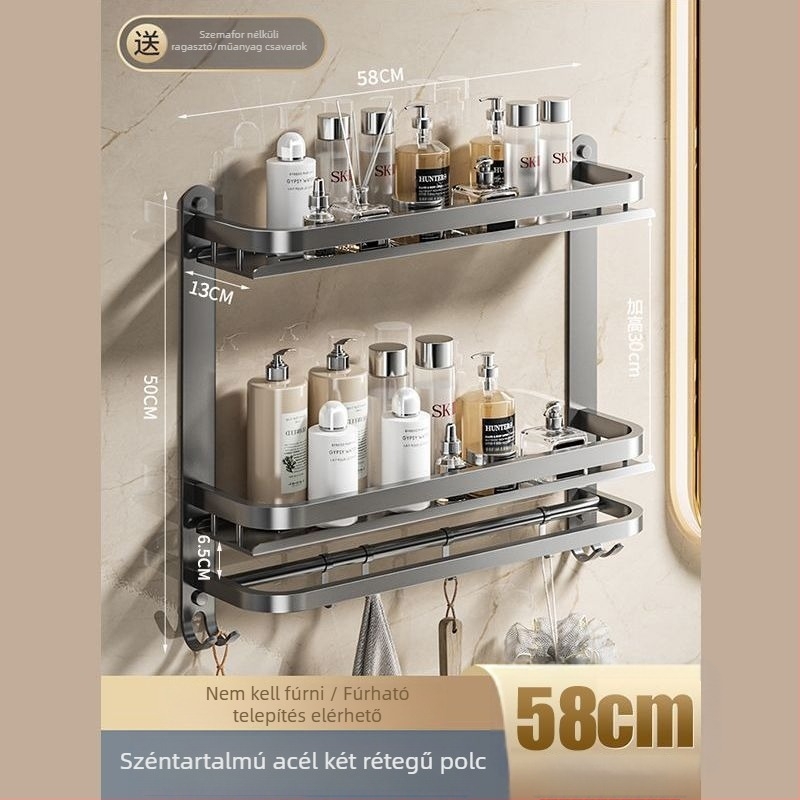 Fürdőszobai falra szerelhető tároló | fúrás nélküli szerelés | 304 rozsdamentes acél | törölközőtartó | nordikus stílus | 1 réteg | spray-plasztik felület