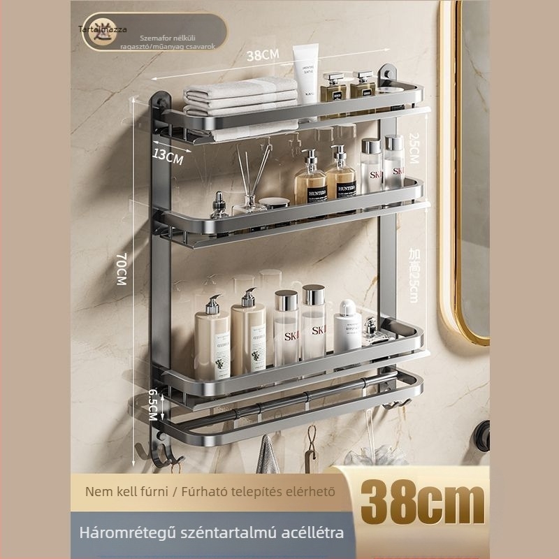 Fürdőszobai falra szerelhető tároló | fúrás nélküli szerelés | 304 rozsdamentes acél | törölközőtartó | nordikus stílus | 1 réteg | spray-plasztik felület