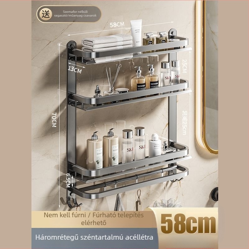 Fürdőszobai falra szerelhető tároló | fúrás nélküli szerelés | 304 rozsdamentes acél | törölközőtartó | nordikus stílus | 1 réteg | spray-plasztik felület