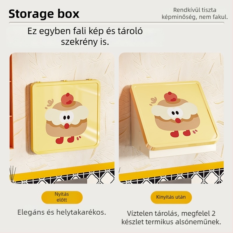 Műanyag fürdőszobai falra szerelhető összecsukható tároló szekrény rajzfilm-stílusban, egy polccal