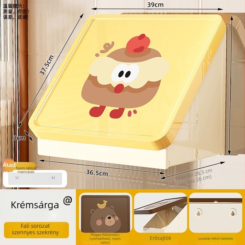 Műanyag fürdőszobai falra szerelhető összecsukható tároló szekrény rajzfilm-stílusban, egy polccal