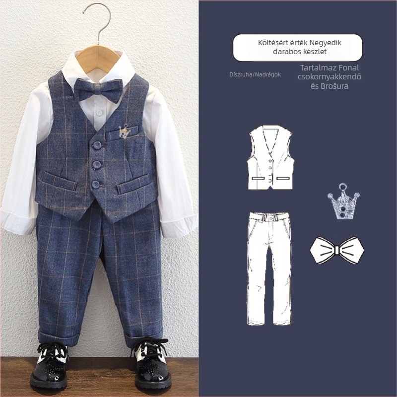 Fiús öltöny mellénnyel és zakóval, dupla gombos, kockás mintás, hosszú ujjú, poliészter anyagú, bélés poliészter, alkalmas őszre, tavasszal és télre