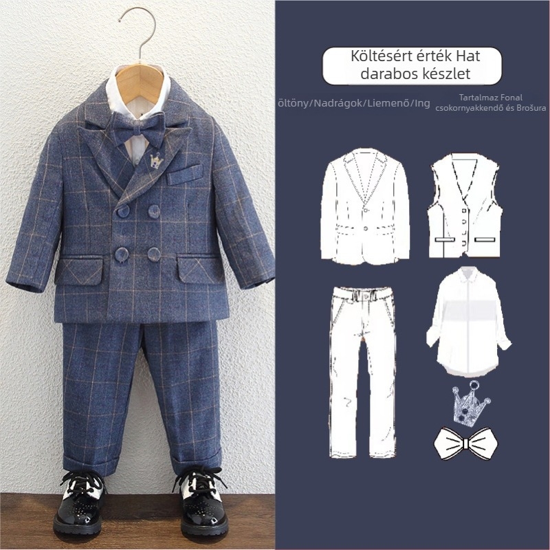 Fiús öltöny mellénnyel és zakóval, dupla gombos, kockás mintás, hosszú ujjú, poliészter anyagú, bélés poliészter, alkalmas őszre, tavasszal és télre