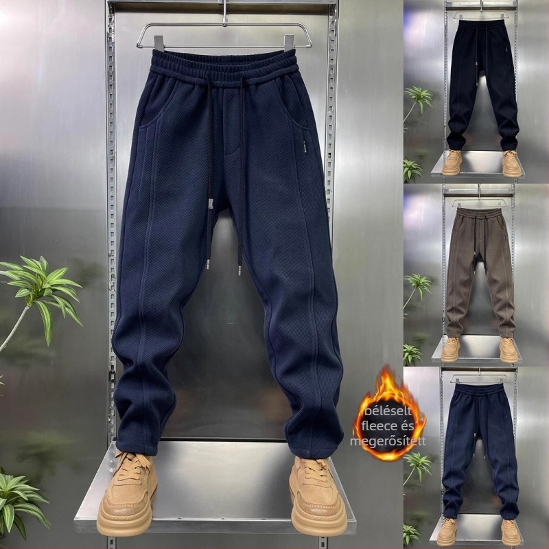 Férfi sportos, lazább nadrág fleece béléssel, pamut-poliészter keverék, 91–95% poliészter, középmagas derék, fűzővel záródó, mikro-elasztikusság