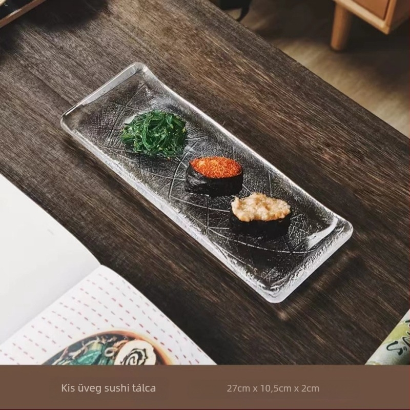 Japán stílusú üvegből készült négyszögletes lapos tál csíkos mintával, hőálló felülettel