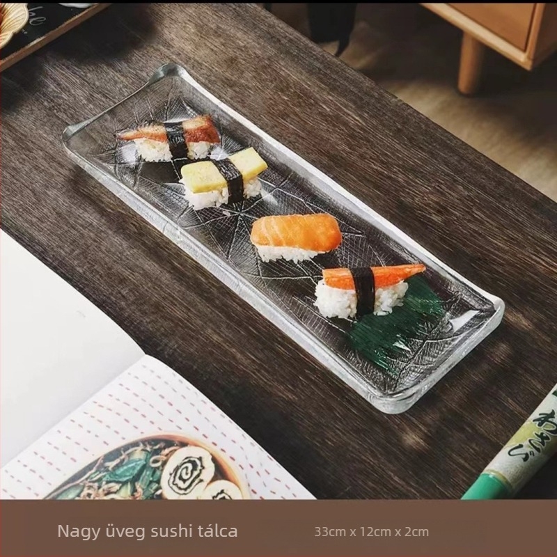 Japán stílusú üvegből készült négyszögletes lapos tál csíkos mintával, hőálló felülettel