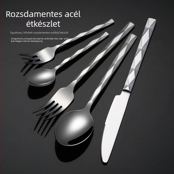 304 rozsdamentes acélból készített evőeszköz-készlet gyémánt alakú négyzetes fogantyúval – kés, villa és kanál, könnyed luxus retro stílus, tükörfényes felület