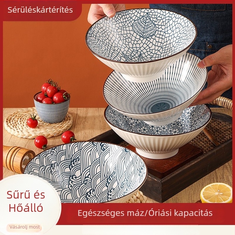 Japán stílusú porcelán tál tészta számára, kör alakú, alglazúros virágos mintával, mikrózható