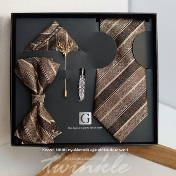 Férfi nyakkendő és csokornyakkendő zsebkendővel, csíkos mintázat, szabvány szélesség, poliészter-selyem, jacquard, csomó nélküli, esküvőre és üzleti célokra
