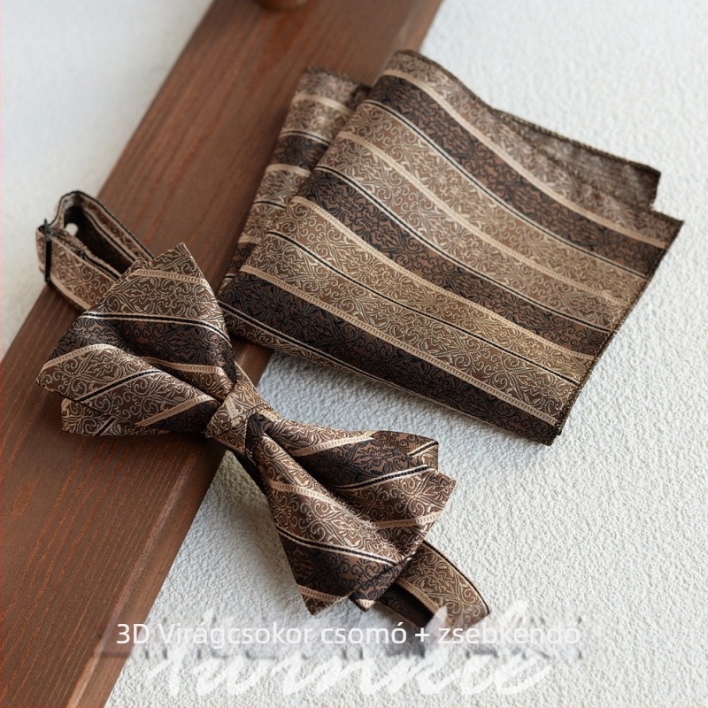 Férfi nyakkendő és csokornyakkendő zsebkendővel, csíkos mintázat, szabvány szélesség, poliészter-selyem, jacquard, csomó nélküli, esküvőre és üzleti célokra