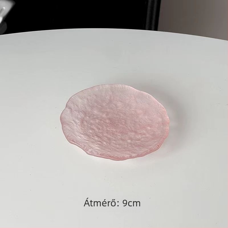 Rózsaszín aszimmetrikus üveg tál - kerek desszert és snack tál, gradiens mintázat, modern minimalista stílus