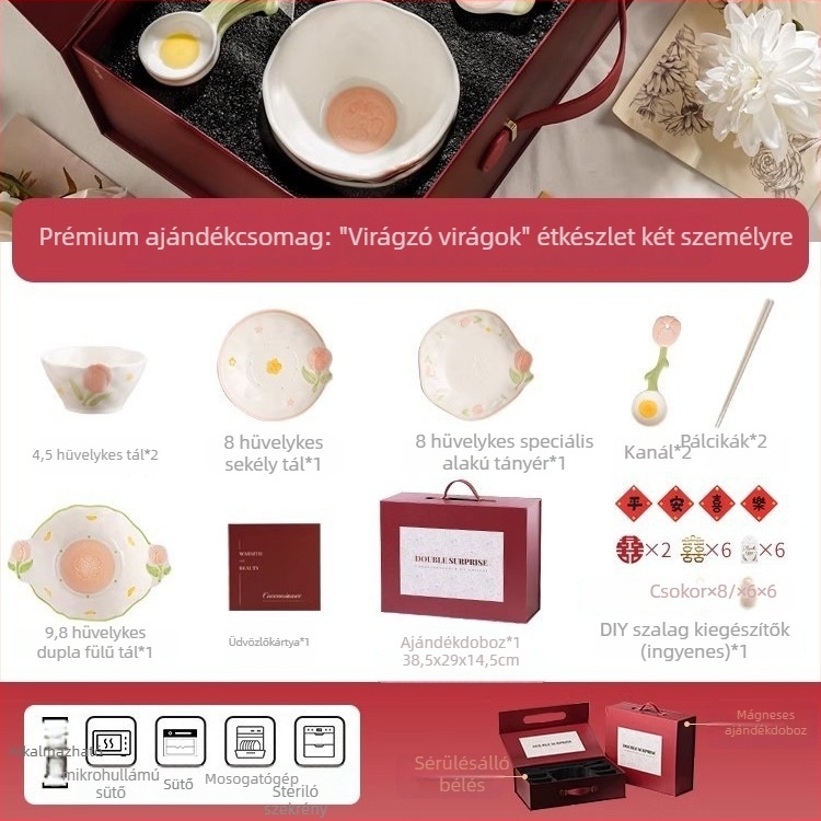 Kerámia étkészlet növények és virágok mintával, szabálytalan forma, friss és aranyos stílus, alglazúrozott felület