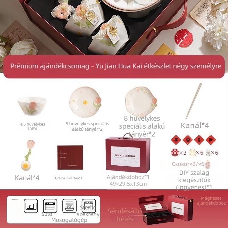 Kerámia étkészlet növények és virágok mintával, szabálytalan forma, friss és aranyos stílus, alglazúrozott felület