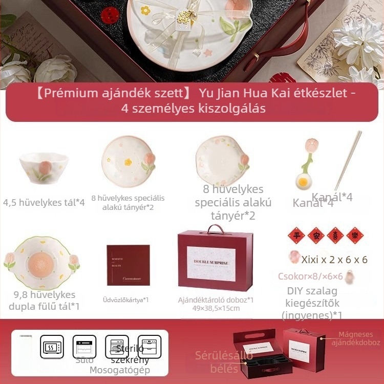 Kerámia étkészlet növények és virágok mintával, szabálytalan forma, friss és aranyos stílus, alglazúrozott felület