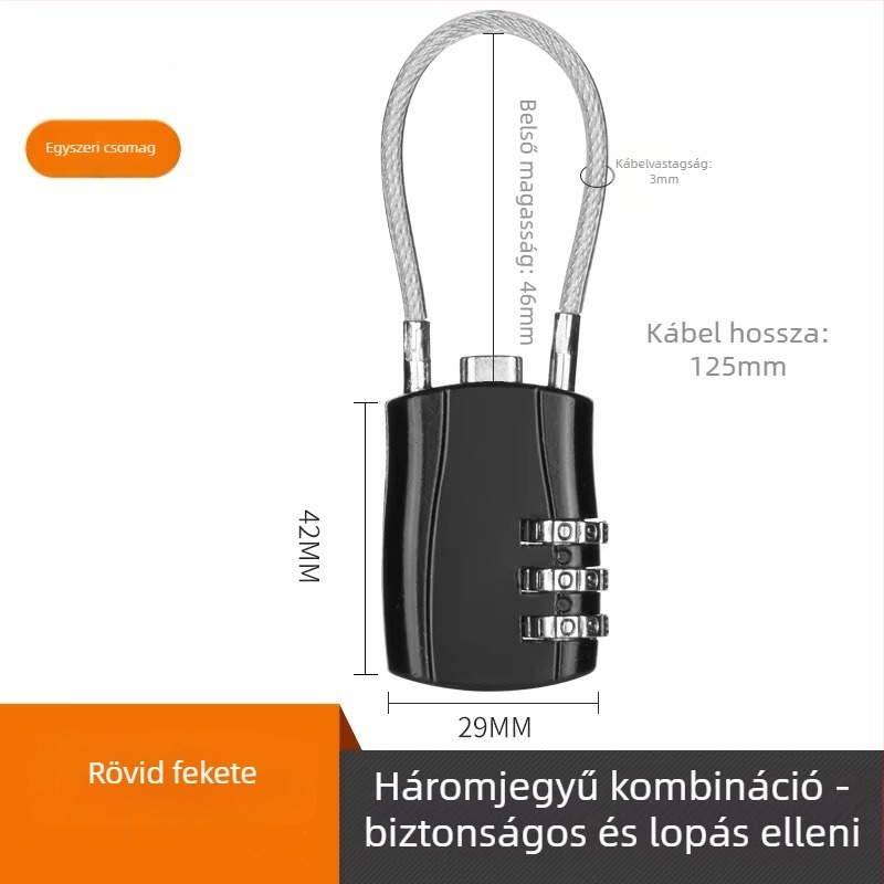 Mechanikus zinkötvözet huzalos zár, modell 018L, 5 mm-es záróhüvely átmérője, poggyászhoz, kerékpárhoz, sisakhoz, motorkerékpárhoz, iskolai táskákhoz; modern minimalista stílus; testreszabható feldolgozás