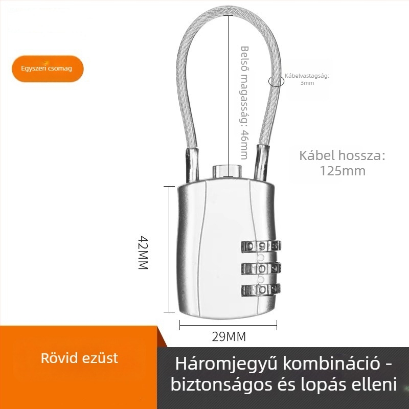 Mechanikus zinkötvözet huzalos zár, modell 018L, 5 mm-es záróhüvely átmérője, poggyászhoz, kerékpárhoz, sisakhoz, motorkerékpárhoz, iskolai táskákhoz; modern minimalista stílus; testreszabható feldolgozás