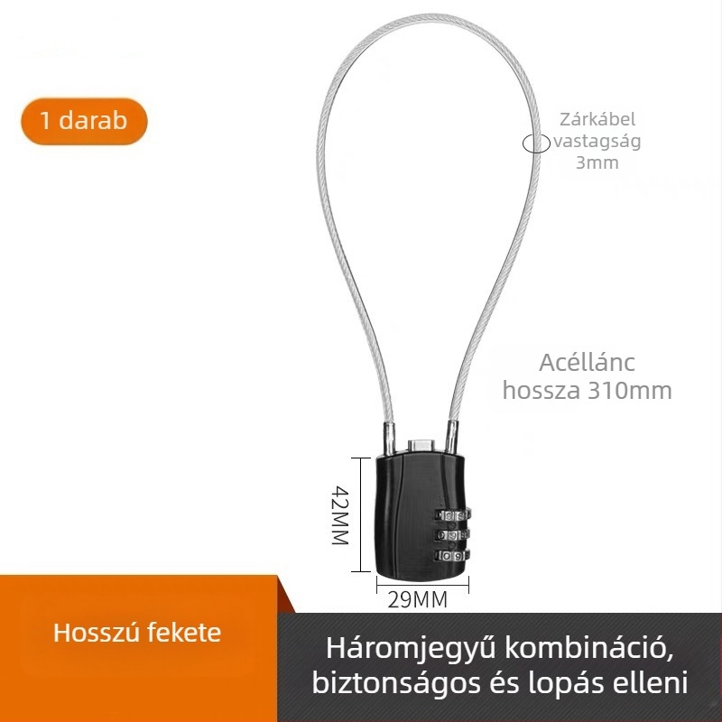 Mechanikus zinkötvözet huzalos zár, modell 018L, 5 mm-es záróhüvely átmérője, poggyászhoz, kerékpárhoz, sisakhoz, motorkerékpárhoz, iskolai táskákhoz; modern minimalista stílus; testreszabható feldolgozás