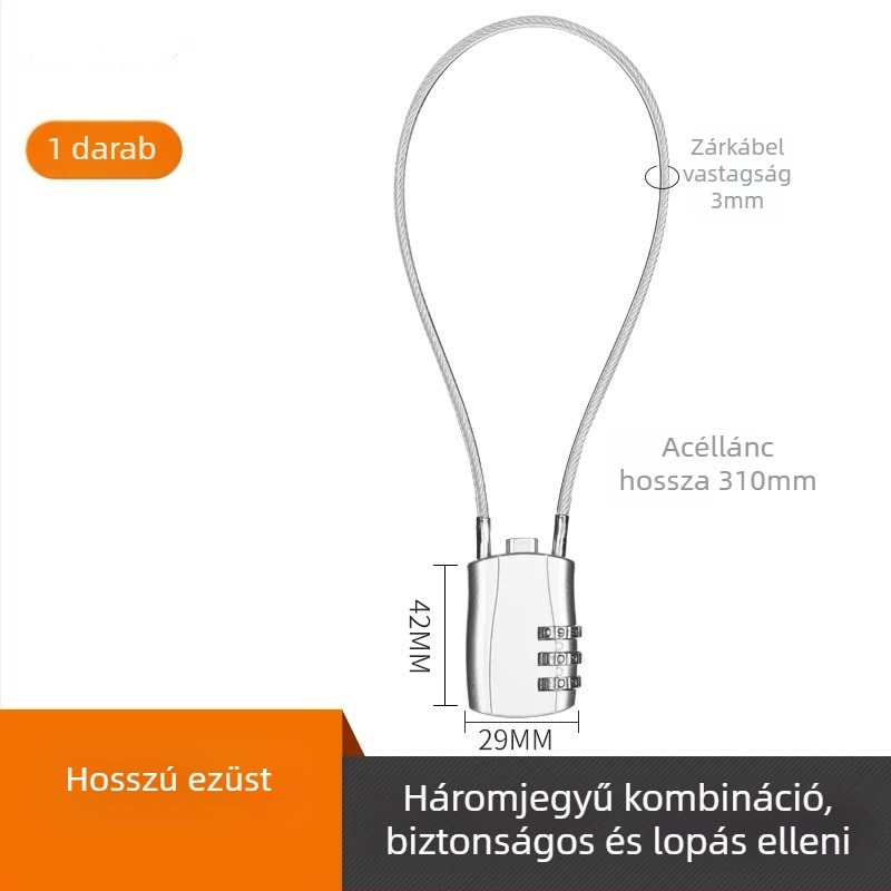 Mechanikus zinkötvözet huzalos zár, modell 018L, 5 mm-es záróhüvely átmérője, poggyászhoz, kerékpárhoz, sisakhoz, motorkerékpárhoz, iskolai táskákhoz; modern minimalista stílus; testreszabható feldolgozás