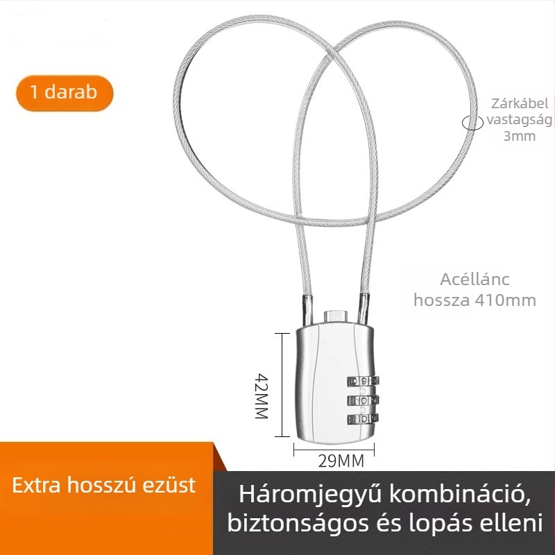 Mechanikus zinkötvözet huzalos zár, modell 018L, 5 mm-es záróhüvely átmérője, poggyászhoz, kerékpárhoz, sisakhoz, motorkerékpárhoz, iskolai táskákhoz; modern minimalista stílus; testreszabható feldolgozás