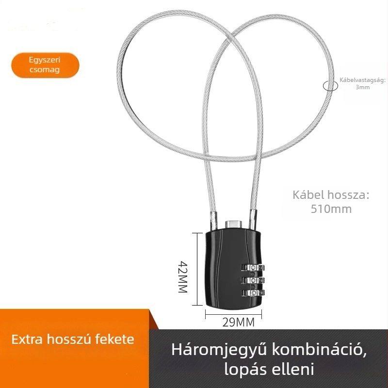 Mechanikus zinkötvözet huzalos zár, modell 018L, 5 mm-es záróhüvely átmérője, poggyászhoz, kerékpárhoz, sisakhoz, motorkerékpárhoz, iskolai táskákhoz; modern minimalista stílus; testreszabható feldolgozás