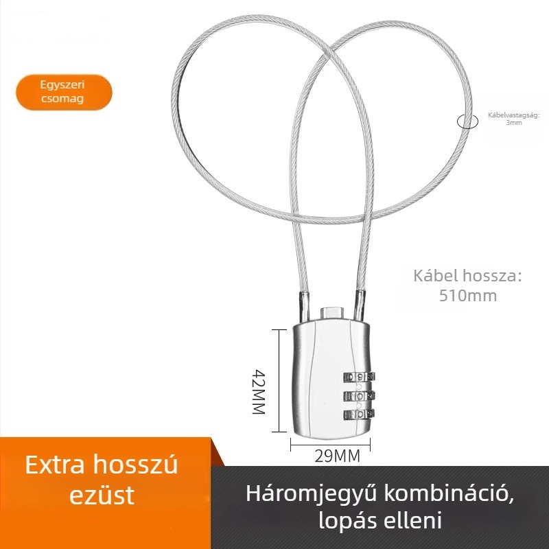 Mechanikus zinkötvözet huzalos zár, modell 018L, 5 mm-es záróhüvely átmérője, poggyászhoz, kerékpárhoz, sisakhoz, motorkerékpárhoz, iskolai táskákhoz; modern minimalista stílus; testreszabható feldolgozás