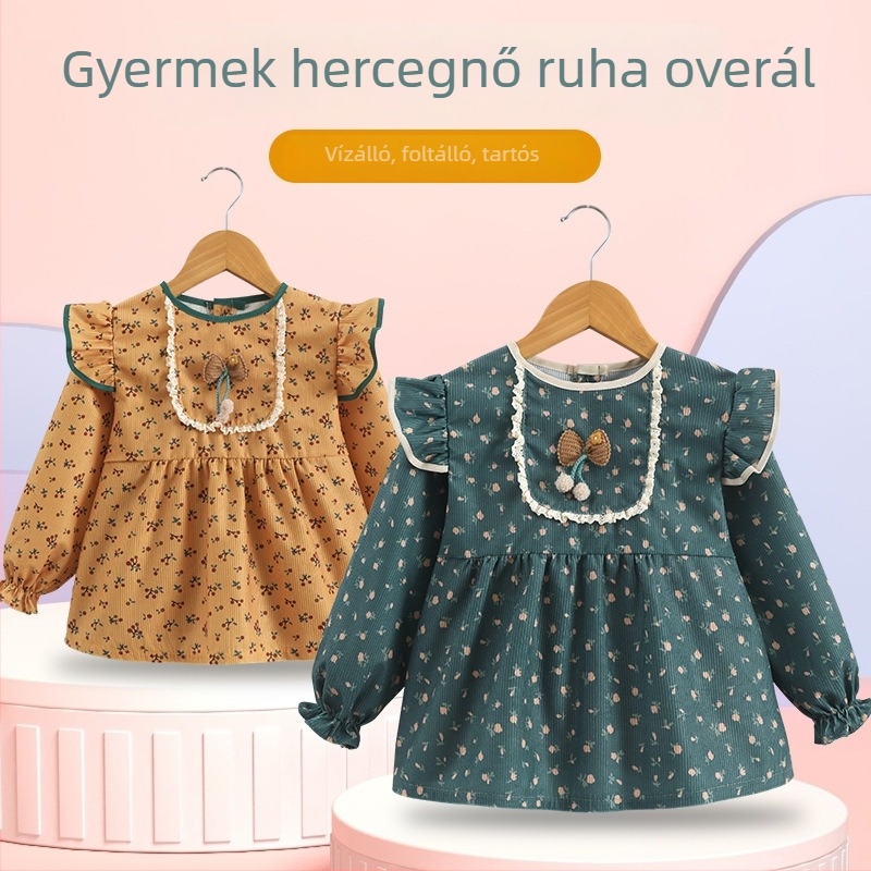 Gyermek smock – vízálló Corduroy anyagból, visszafordítható lányoknak, 1–3 éveseknek (80–100 cm), őszi 2025 megjelenés