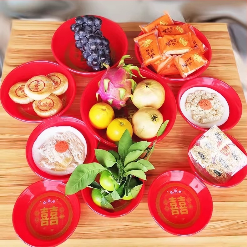 Kör alakú műanyag gyümölcstál esküvőkhöz, dupla boldogság minta, kínai stílus, új kínai stílus