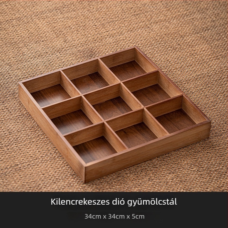 Bambuszból készült snack tál kilenc rekesszel, kínai stílusú tea-szertartáshoz, nassolnivalók és aszalt gyümölcsök tálalására