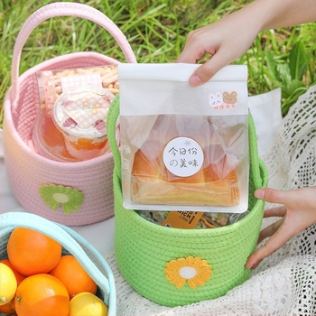 Ins-stílusú piknik kosár, japán ihletésű aranyos kézi gyümölcskosár gyerekeknek, pamutfonalból szőtt kültéri kosár